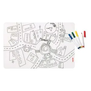 Guzzini Bimbi Set Tovaglietta Colorabile E Riutilizzabile Con Pennarelli, Irene Guerrieri, 43.5 X 29.5 Cm, Multicolore