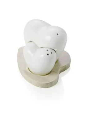 Brandani Salt and Pepper Cuoriforever in White Porcelain with Natural Bamboo Holder Product Code: 54612