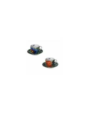 Brandani 52693 Tazzina Caffe GGG Set 2 Pz Porcellana, cm D 11×6, Fiori Arancio + Blu Su Tazzine, Foglie Tropicali Su Piattini, 90 Ml, Lavastoviglie, Microonde, Forno, Freezer