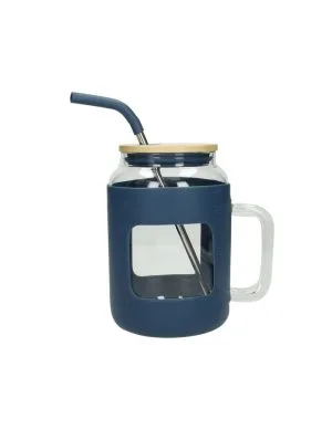 Brandani 51487 Boccale Curvy Petrolio Vetro C/Cannuccia Inox/Silicone E Tappo Bamboo