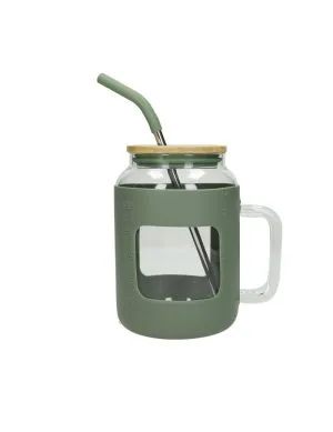 Brandani 51486 Boccale Curvy Verde Militare Vetro C/Cannuccia Inox/Silicone E Tappo Bamboo