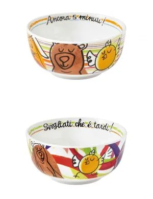 Brandani 52157 Ciotola Colazione Allegra Combriccola Set 2 Pezzi Porcellana Simpatici decori di frutta, ortaggi e animali, in assortiti colori Capacita 250 ml d 13,5×6,5h cm