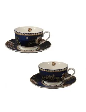 Brandani 52445 Tazze da Tè Danubio Set 2 Pezzi New Bone China Blu con Piattino