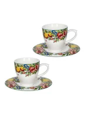 Brandani 52035 Set 2 Tazzine da Caffè Prospero New Bone China Bianco Decoro Frutta Melograno e Limone