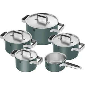 ZWILLING Pure – Set di 5 pentole in acciaio inox 18/10, rivestimento esterno in ceramica, manico Stay Cool, lavabile in lavastoviglie, colore: Verde